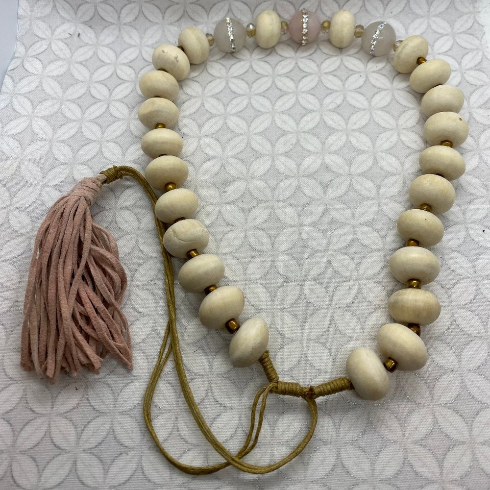 chunky wood crystal beaded adjustable tassel